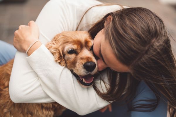 Giovane donna premia il suo cane con coccole dopo pulizia denti 