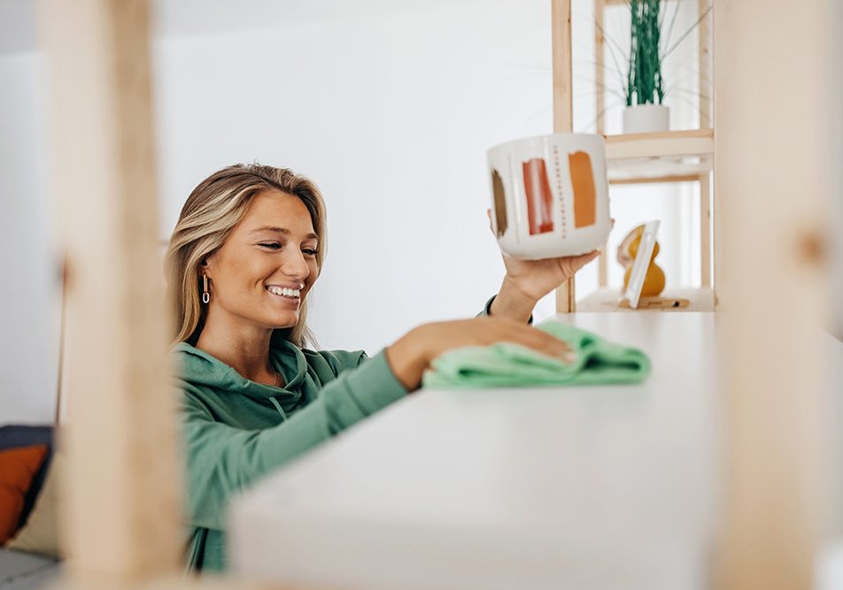 Donna sorridente che pratica le pulizie di casa, disinfettandola dalla scabbia