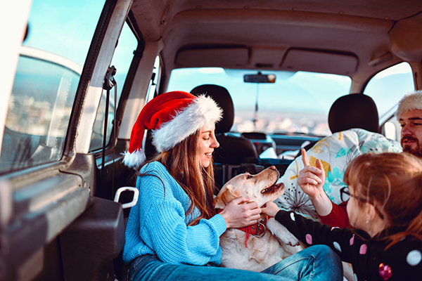 Allegra famiglia che viaggia all’interno di un van durante il periodo natalizio per una vacanza coast to coast