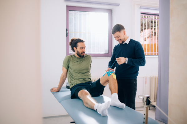 Giovane paziente in vista al centro di fisioterapia sottoposto al kinesio taping per la cura del ginocchio