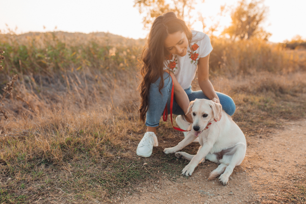 Giovane, in aree dedicate agli animali domestici, porta a spasso il suo cane