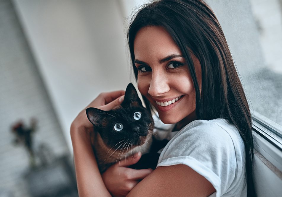 Padrona che tiene in braccio il suo gatto siamese che accusa sintomi di pancreatite, accanto alla finestra del salotto