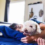 Ragazzo che coccola il suo cane con il raffreddore nel suo letto, mentre riposano insieme