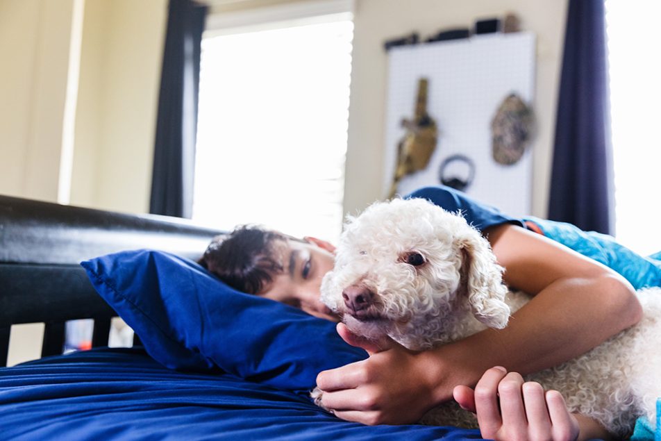 Ragazzo che coccola il suo cane con il raffreddore nel suo letto, mentre riposano insieme