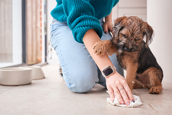 Padrona che pulisce il pavimento dal vomito del suo piccolo cane con calcoli renali