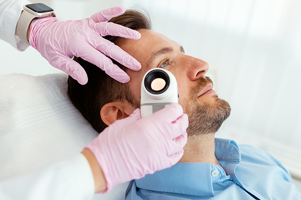 Paziente durante la visita dermatologica riceve un’ispezione della pelle per verificare l’eventuale comparsa di un melanoma