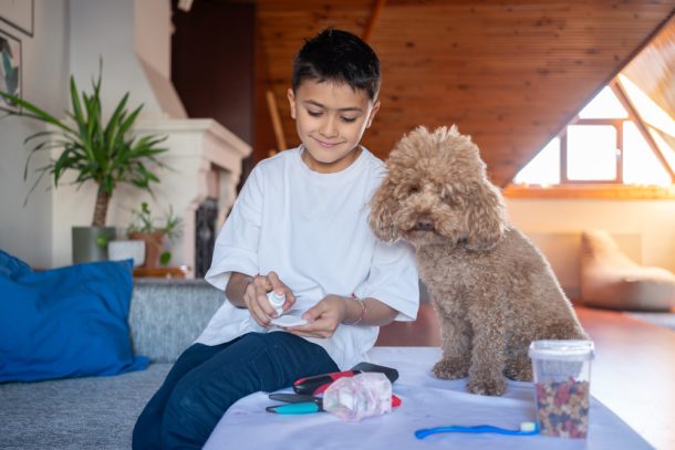 bambino-cura-congiuntivite-cane Bambino che medica il suo cane per la congiuntivite