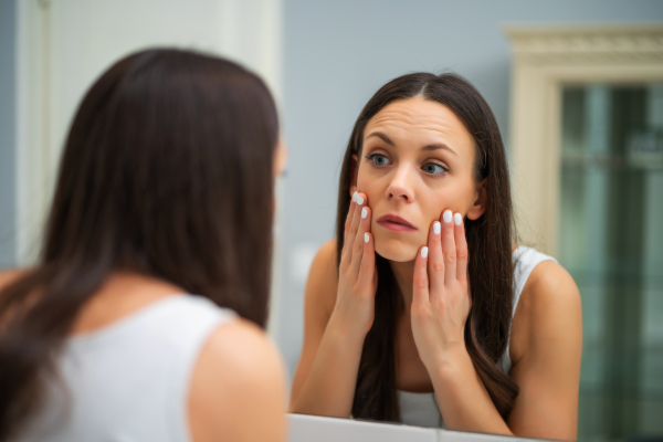 Giovane donna osserva allo specchio il suo viso gonfio, tra gli effetti collaterali del betametasone