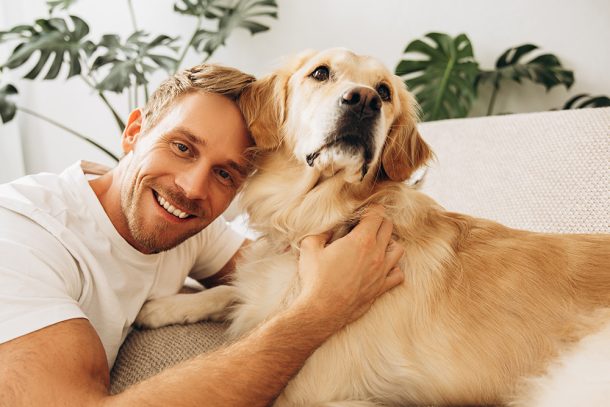 padrone-felice-con-golden-retriever-guarito-da-dermatite-interdigitale-cane Padrone felice sul divano in compagnia del suo cane golden retriever guarito dalla dermatite interdigitale