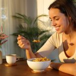 giovane donna sorridente mangia cereali al mattino
