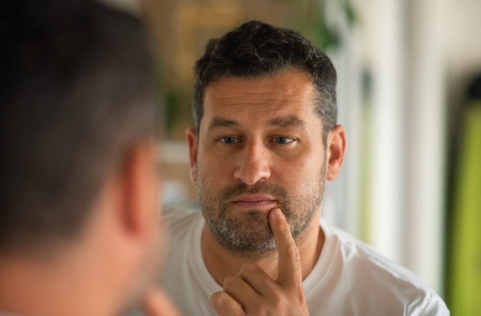 uomo guarda herpes labiale allo specchio