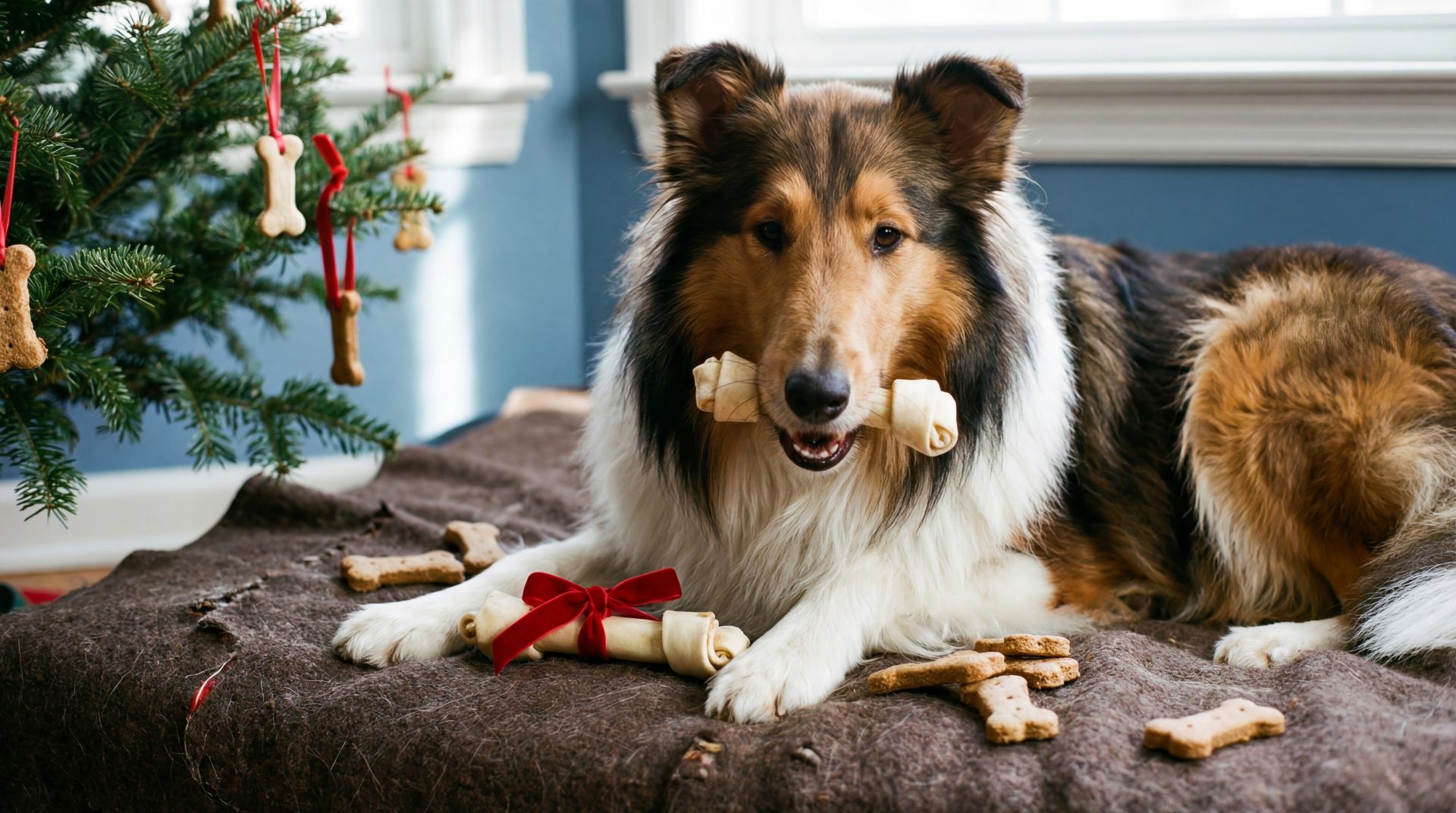 cane con osso in bocca sotto albero di natale