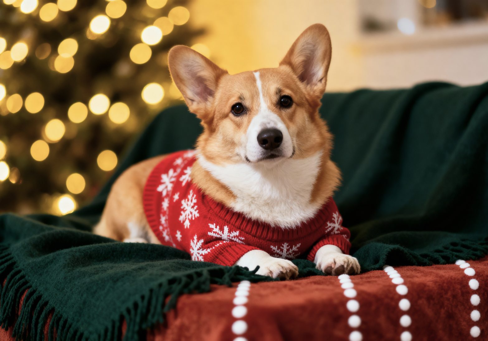 cane sul divano con maglione di natale