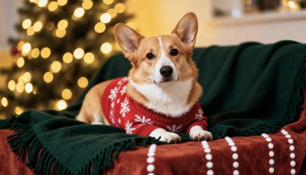 cane sul divano con maglione di natale